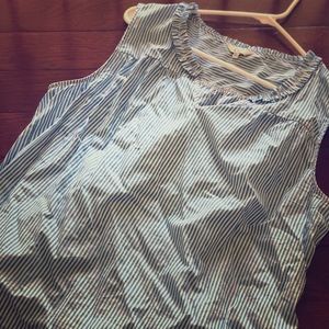 Blue & White Seersucker Top w/ Ruffle Neckline